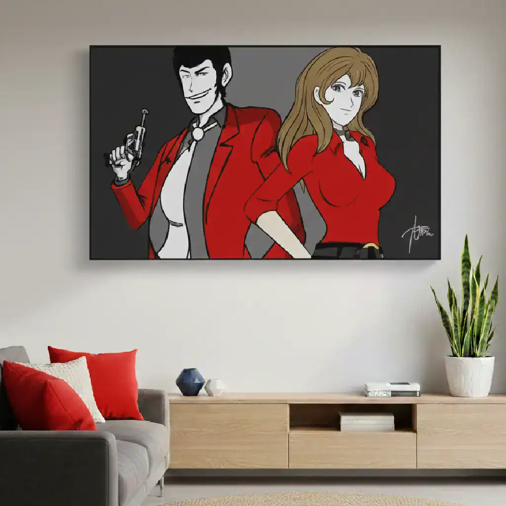 quadro salotto moderno grigio e rosso lupin e margot
