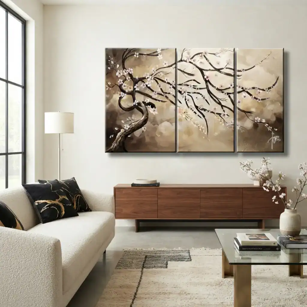 salotto moderno con quadro dipinto a man ocon albero fioritura