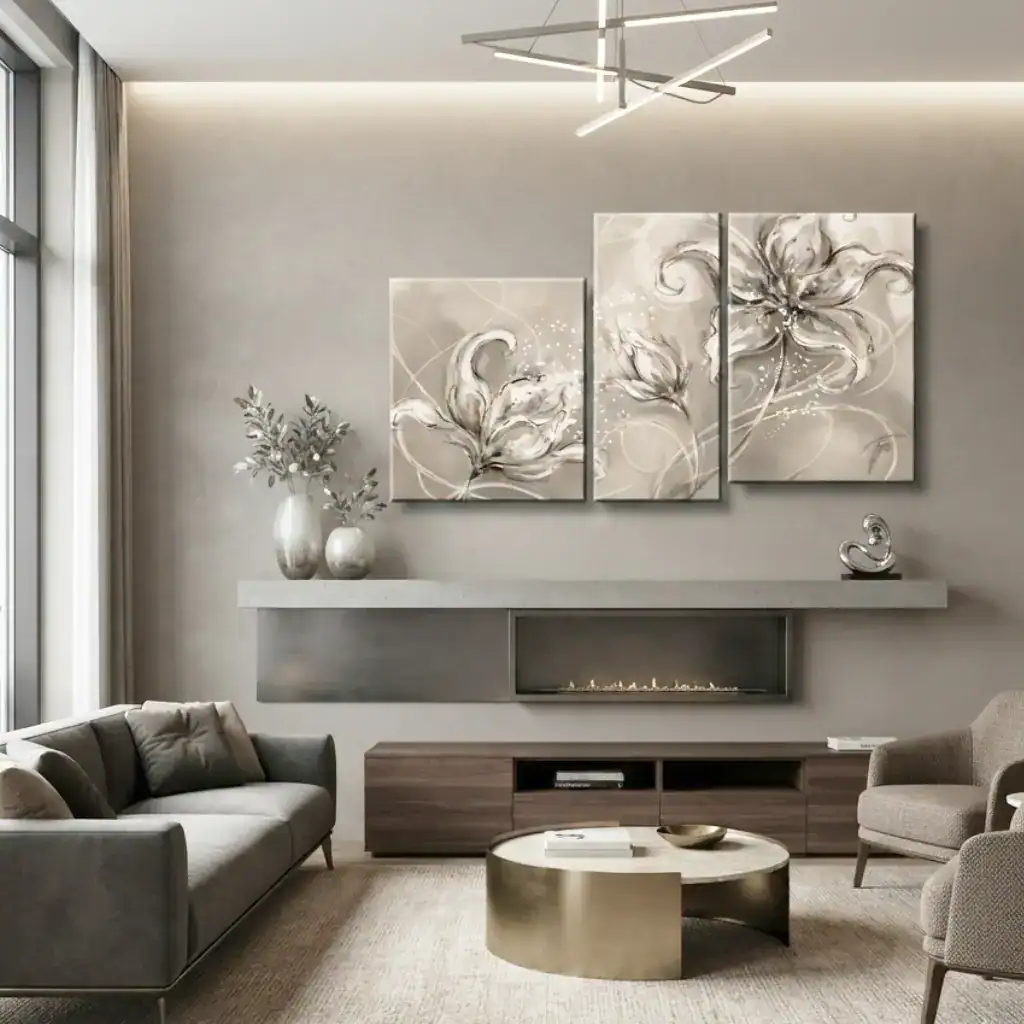 salotto moderno tortora con quadro dipinto a mano fiori astratti bianco e tortora