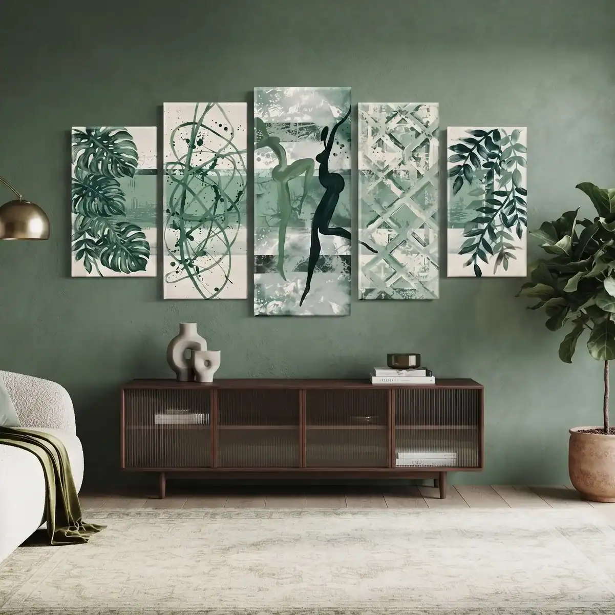 salotto moderno verde salvia con quadro dipinto a mano astratto danza sulle foglie
