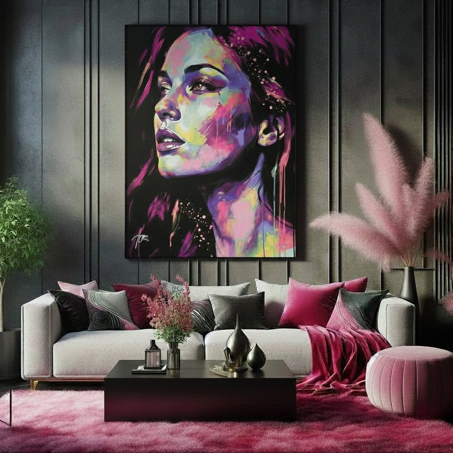 salotto moderno fucsia con quadro donna volto astratto