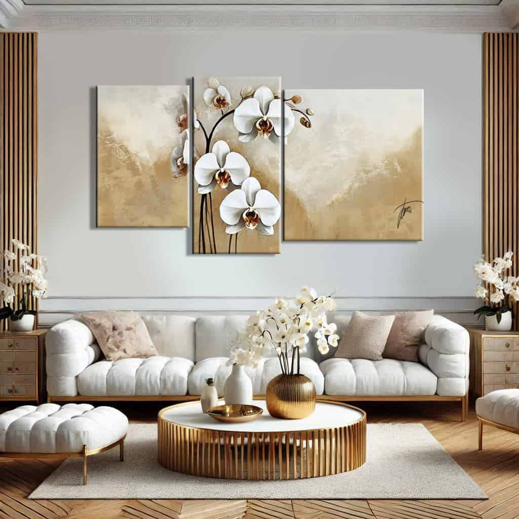 quadro floreale per salotto moderno beige oro e tortora con orchidee e oro