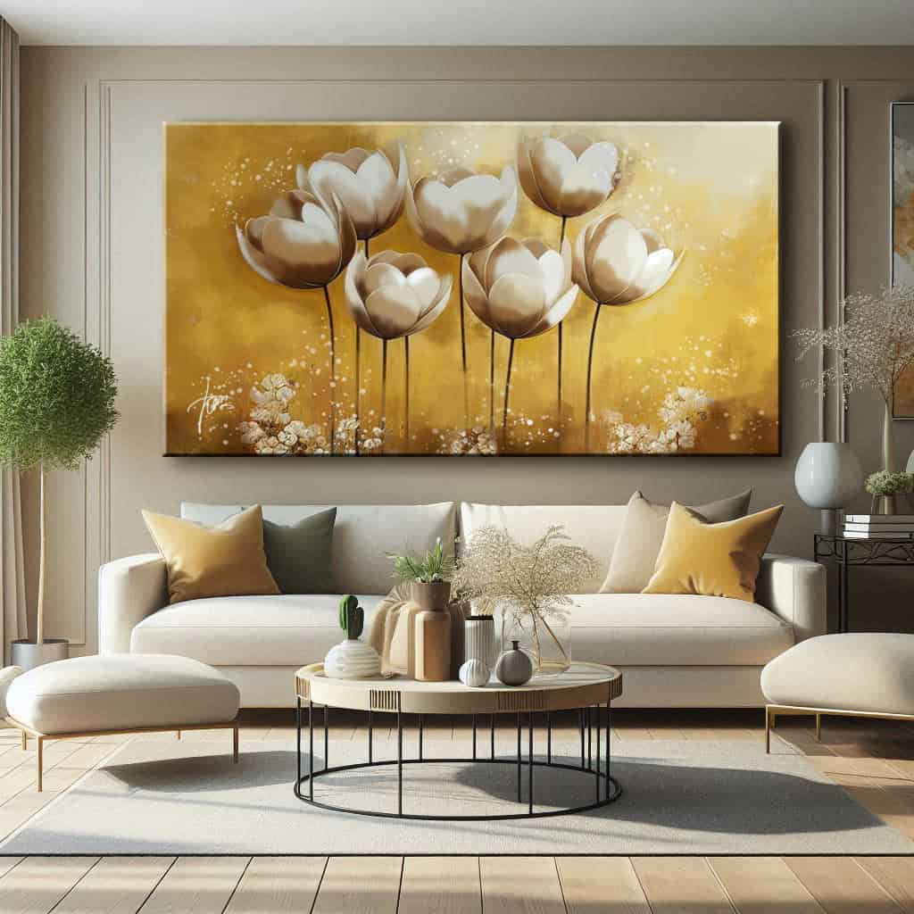 salotto parete caffelatte con quadro con tulipani delicati