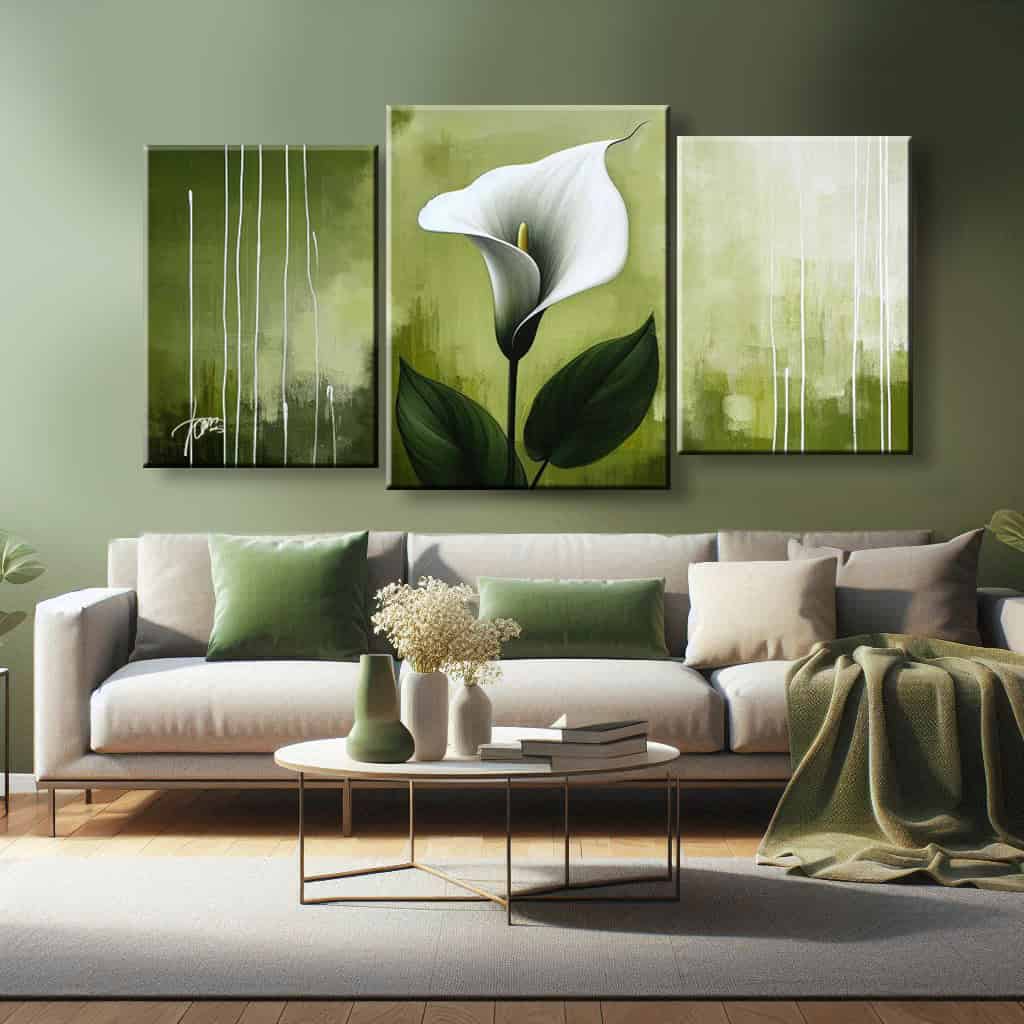 salotto parete verde oliva e divano beige quadro calla e verde