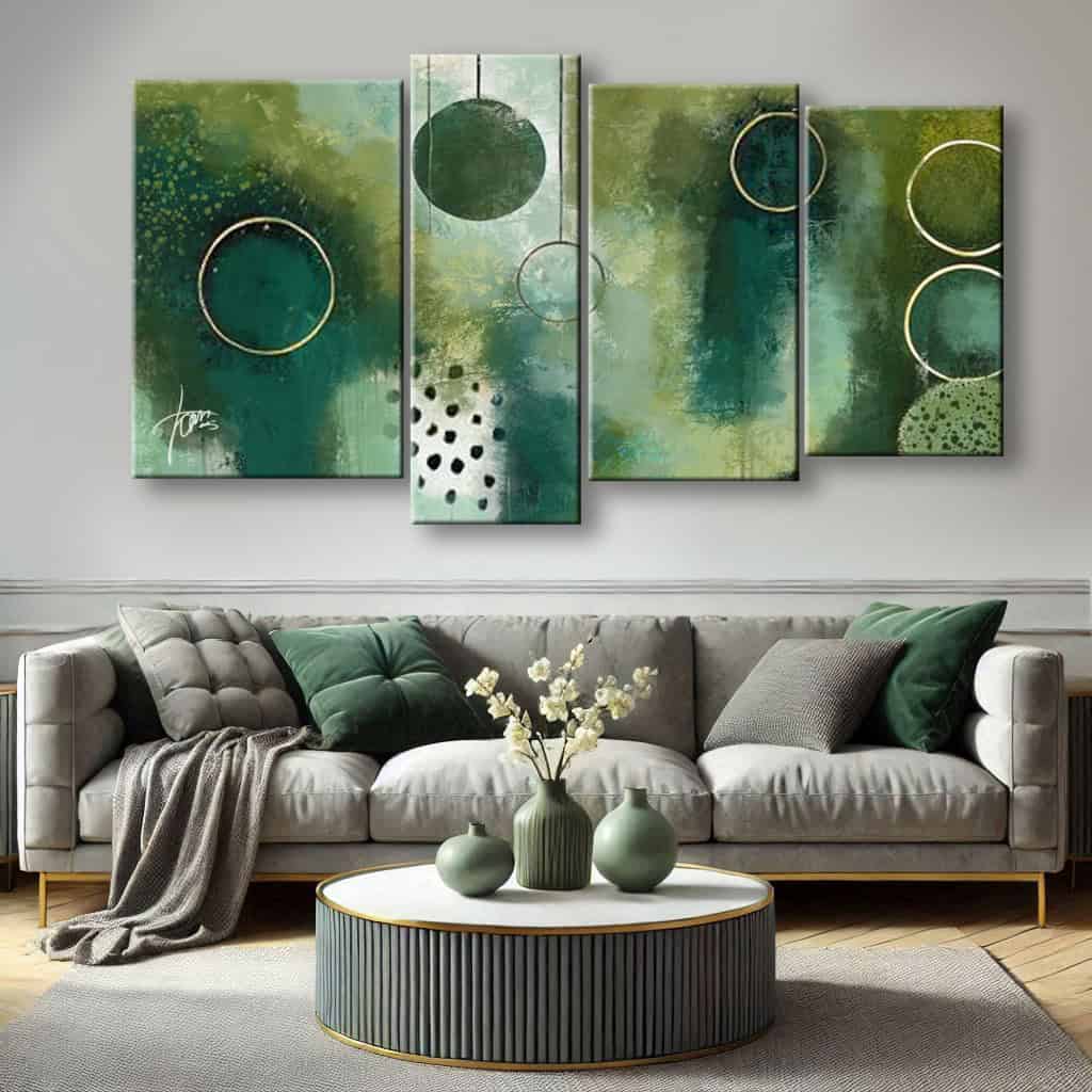 salotto grigio e verde con quadro astratto verde