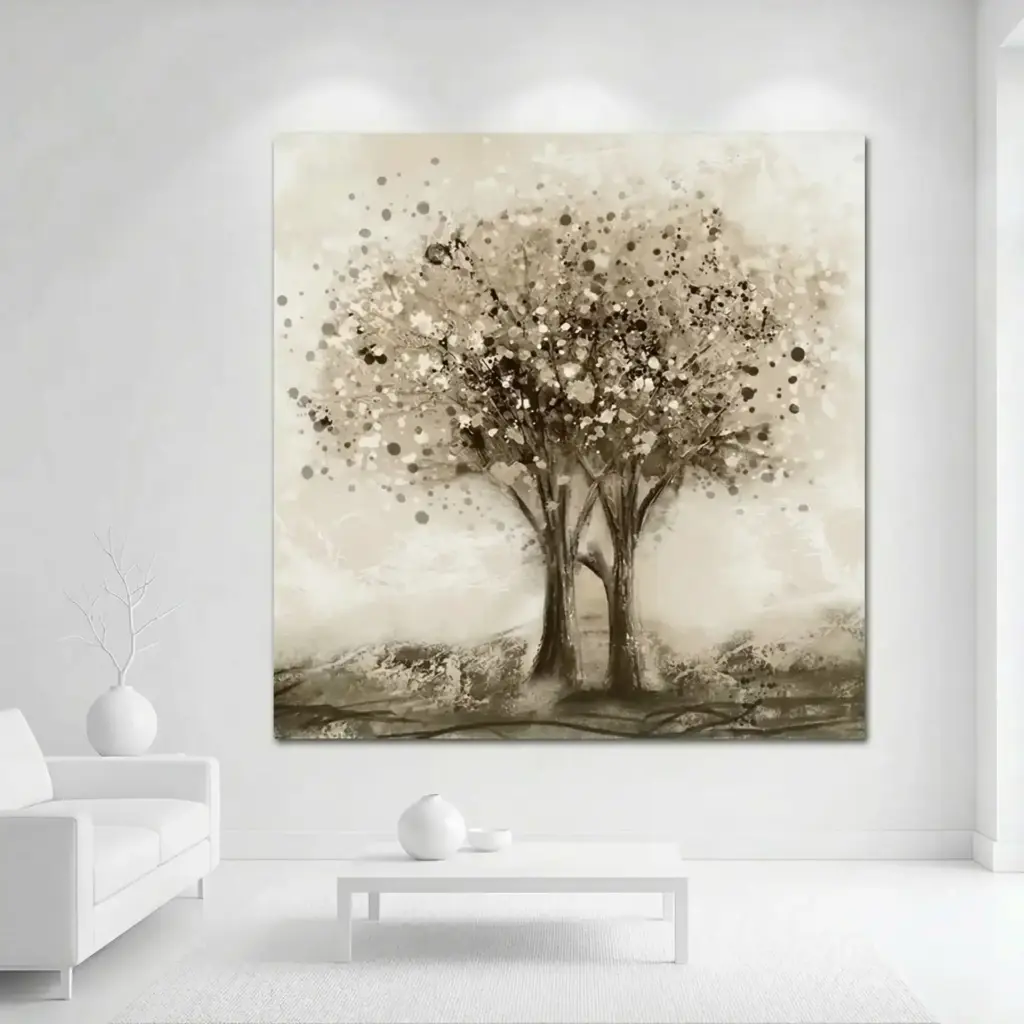 salotto moderno total white con quadro albero astratto tortora