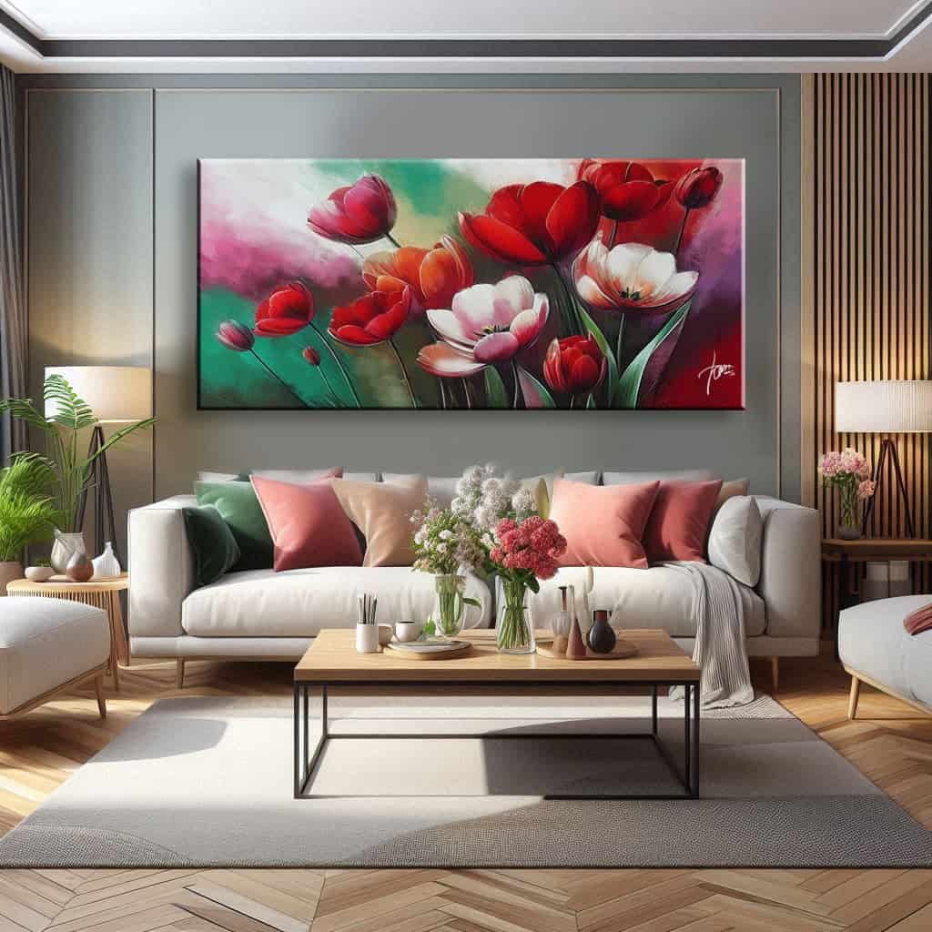 salotto moderno con quadro tulipani rossi