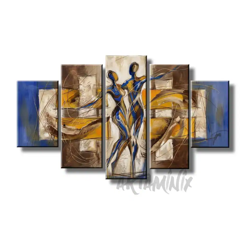 quadro dipinto a mano con coppia romantica spensieratezza blu tortora e giallo