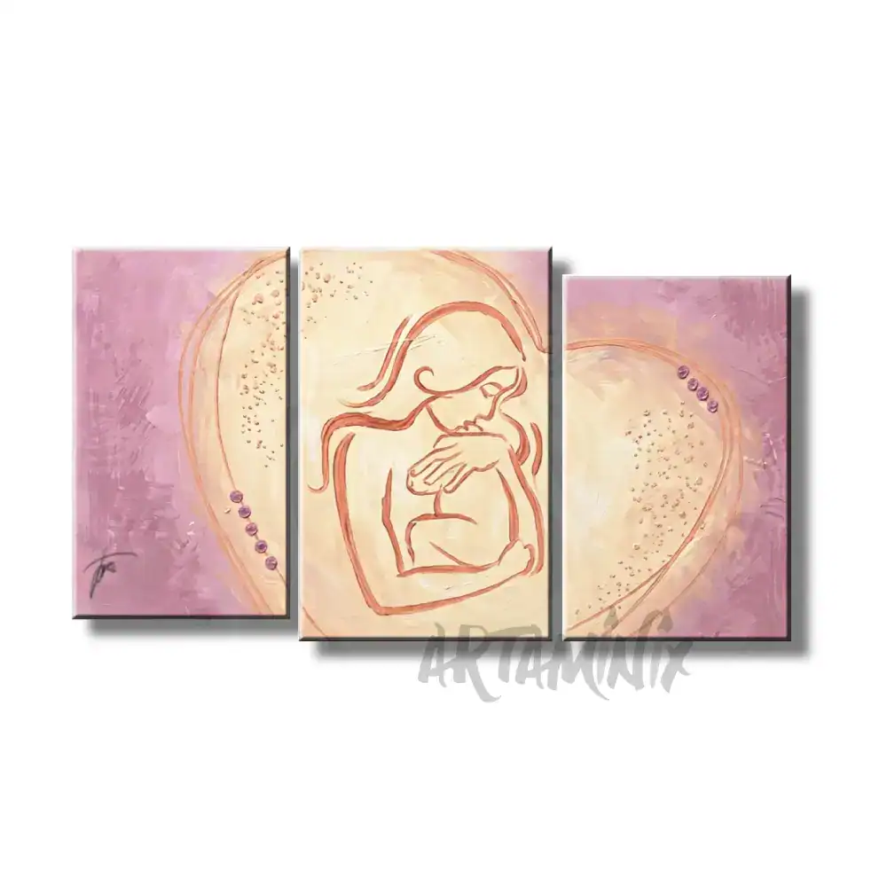 Quadro moderno trittico maternità rosa antico appeso senza cornice