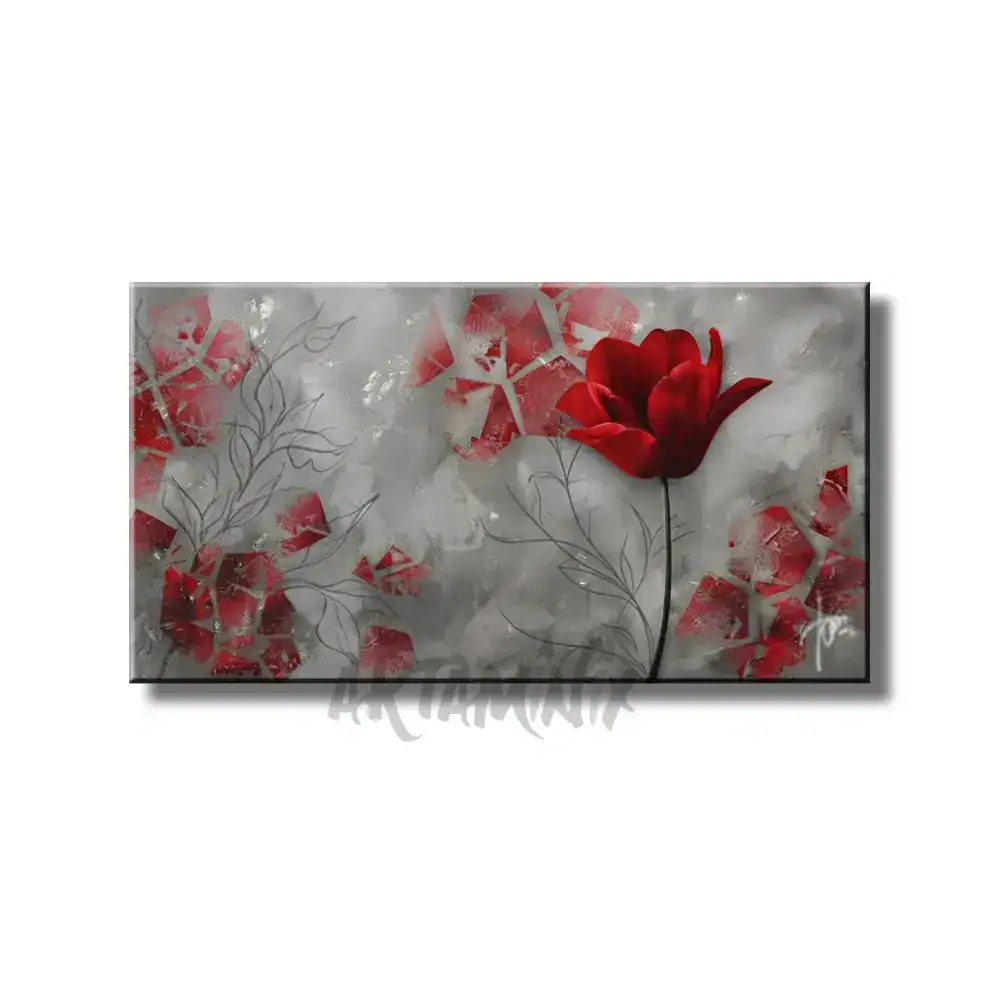 quadro dipinto a mano tulipano rosso nel grigio
