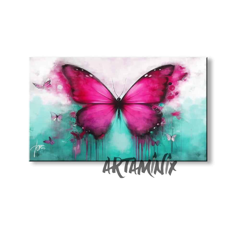 quadro moderno farfalla fucsia sfondo azzurro