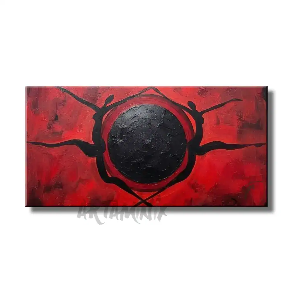 quadro dipinto a mano tribale con due figure e una sfera nera bailamos
