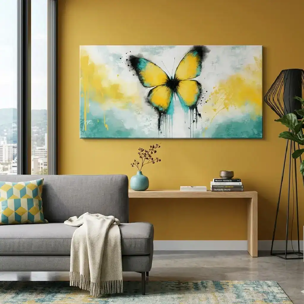 parete gialla con quadro farfalla gialla