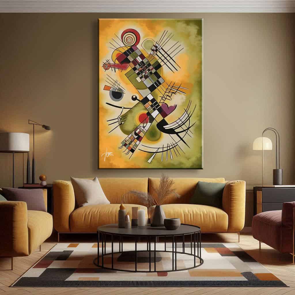 salotto parete tortora con quadro astratto kandinsky pungente