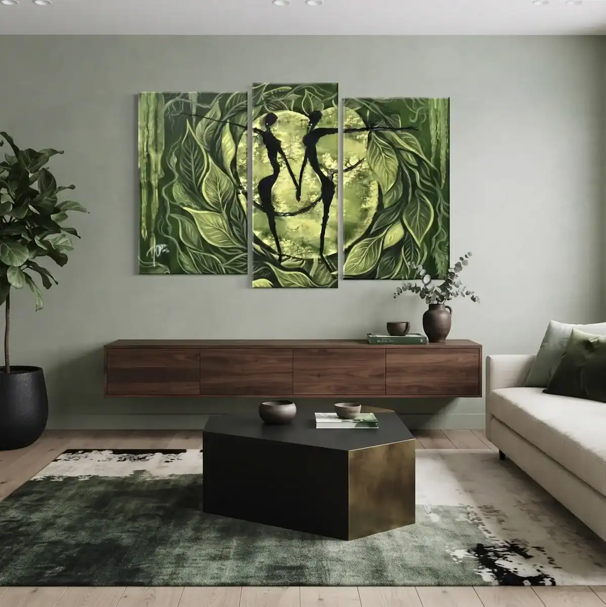 salotto moderno con parete verde e quadro verde tribale