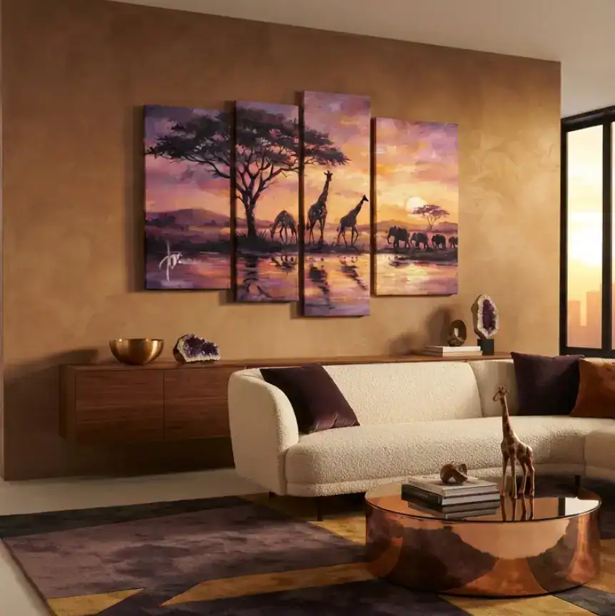 salotto moderno con parete color bronzo con quadro dipinto a mano tramonto africano