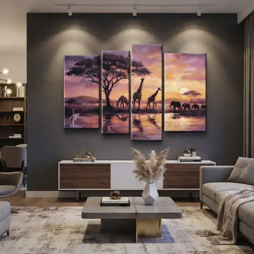 salotto moderno con parete grigio scuro e quadro dipinto a mano tramonto africano