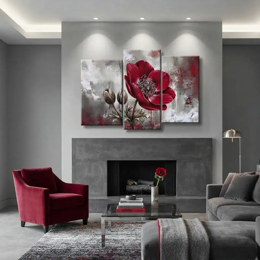 salotto moderno con pareti grigie divano grigio e poltrona rossa con quadro dipinto a mano con fiore rosso