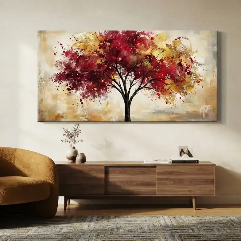 salotto moderno con quadro dipinto a mano albero giallo rosso oro caldo naturale