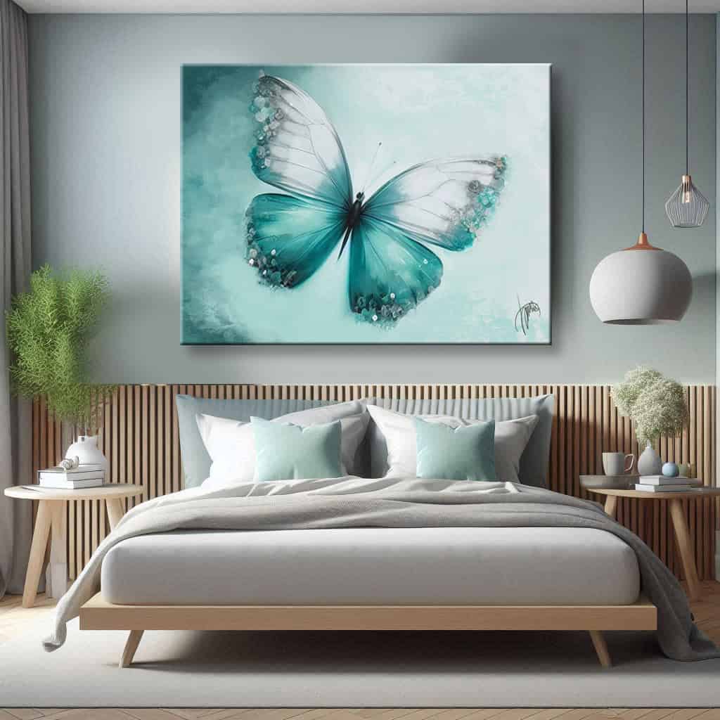 camera da letto con colori verde menta con quadro farfalla