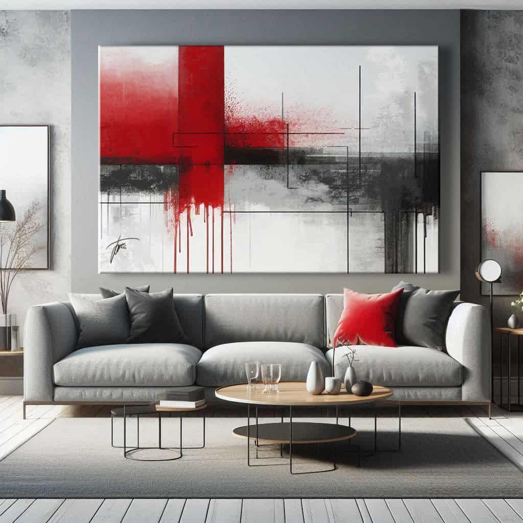 salotto grigio con quadro astratto contrasti in rosso e grigio