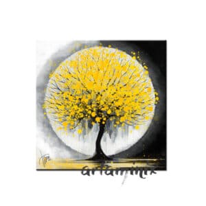 quadro paesaggio astratto con albero bianco nero e giallo