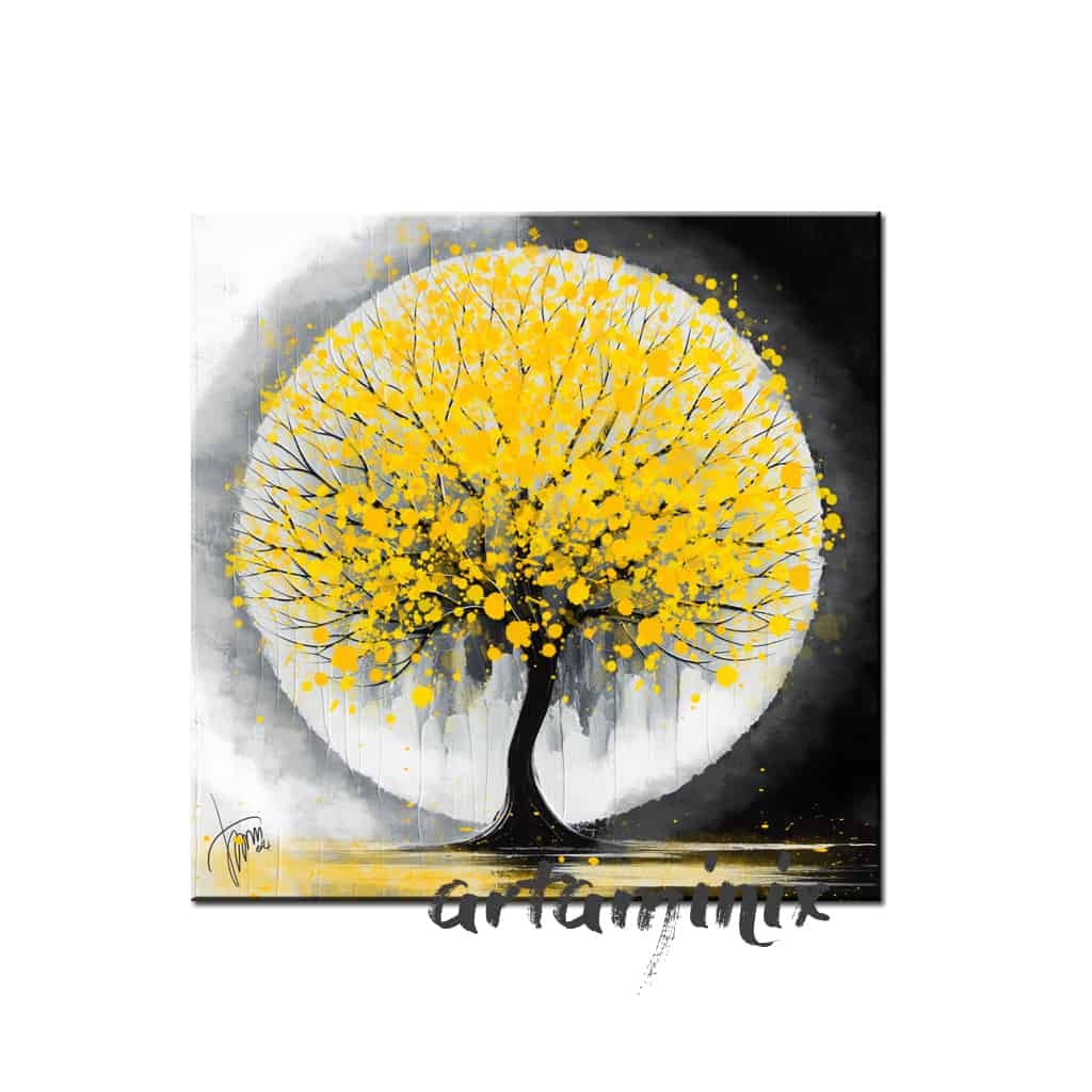 quadro paesaggio astratto con albero bianco nero e giallo