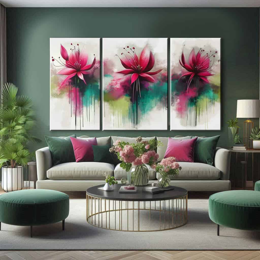 salotto parete verde fiori fucsia