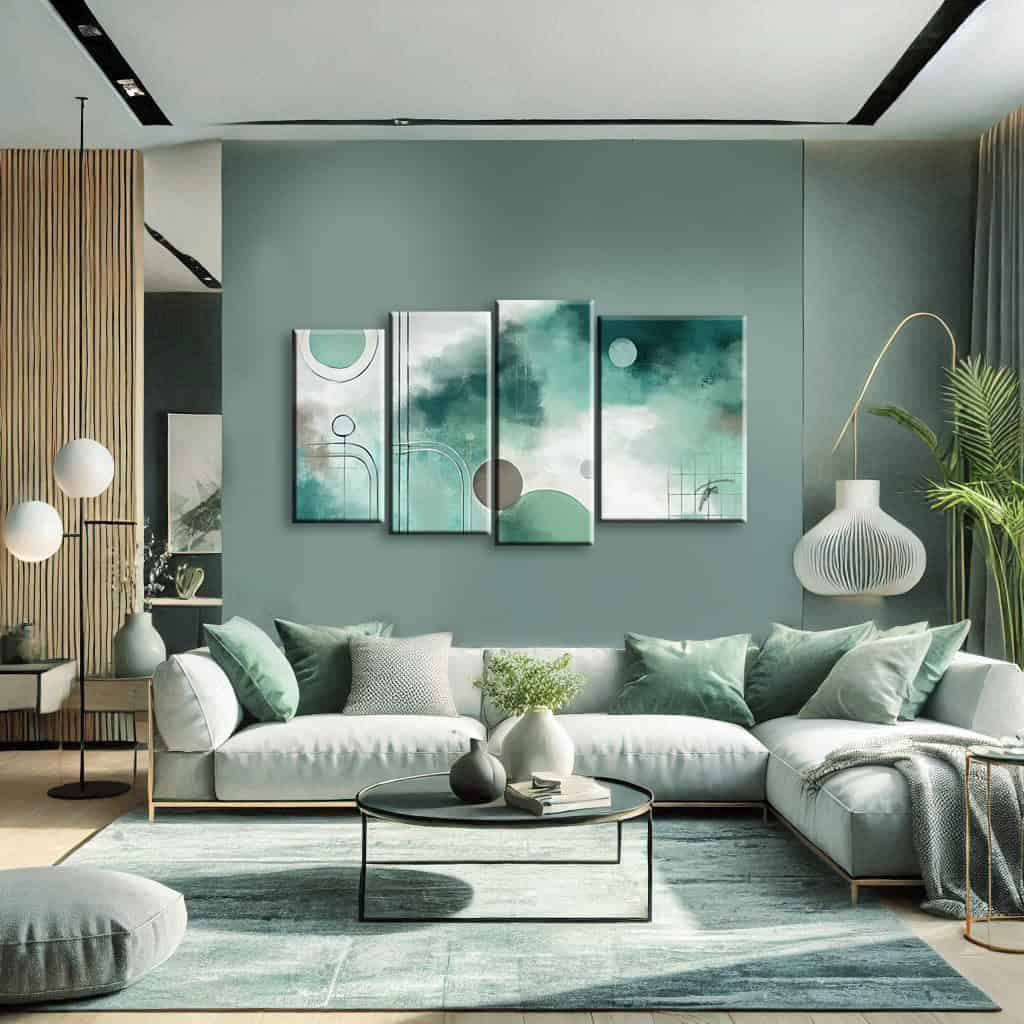 salotto verde salvia e quadro verde menta