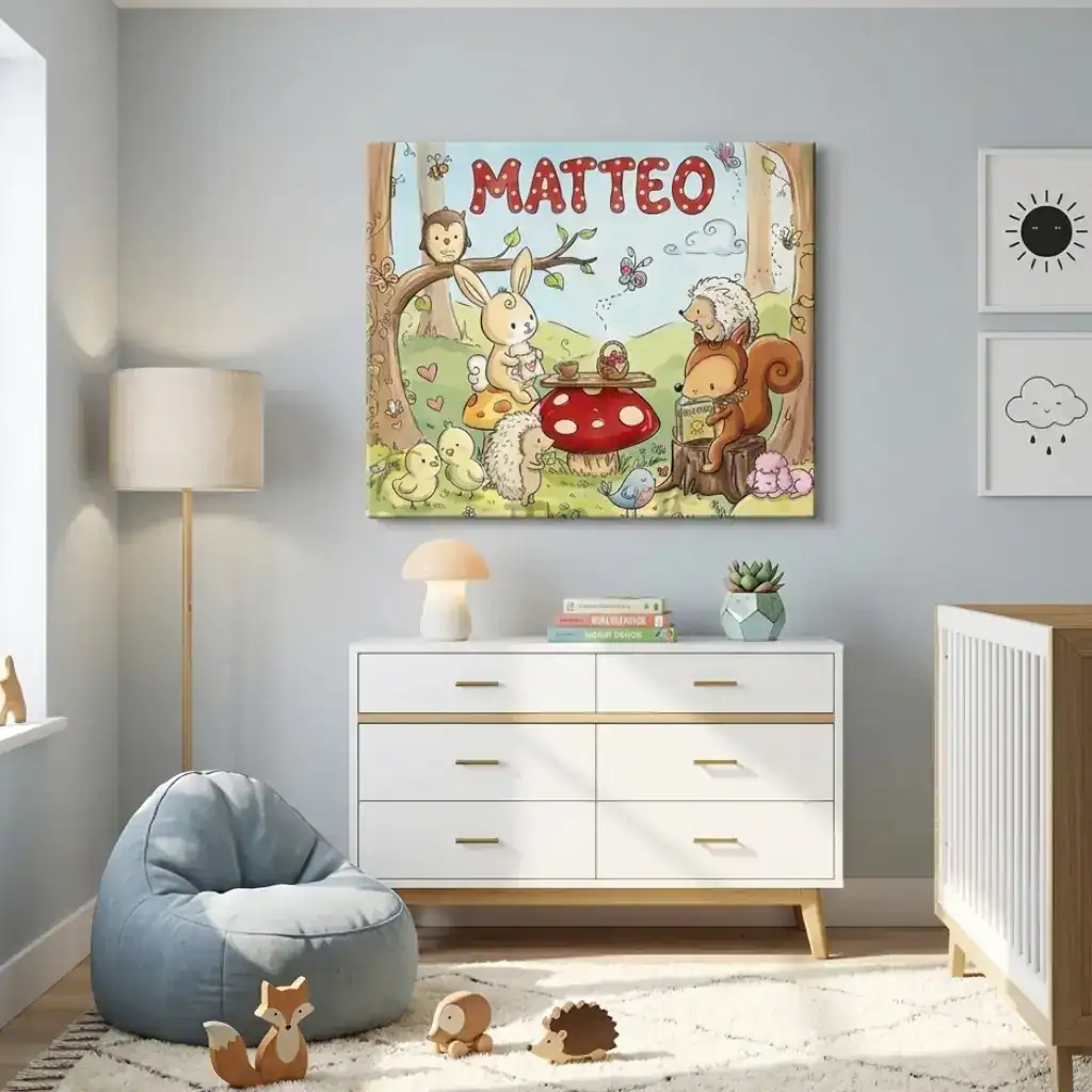 cameretta bimbo con quadro bosco dipinto a mano matteo