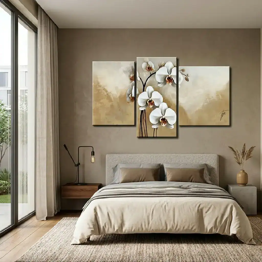 camera da letto con quadro orchidee e oro