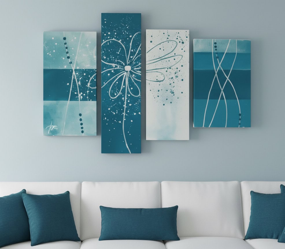 quadro fiore astratto blu petrolio appeso