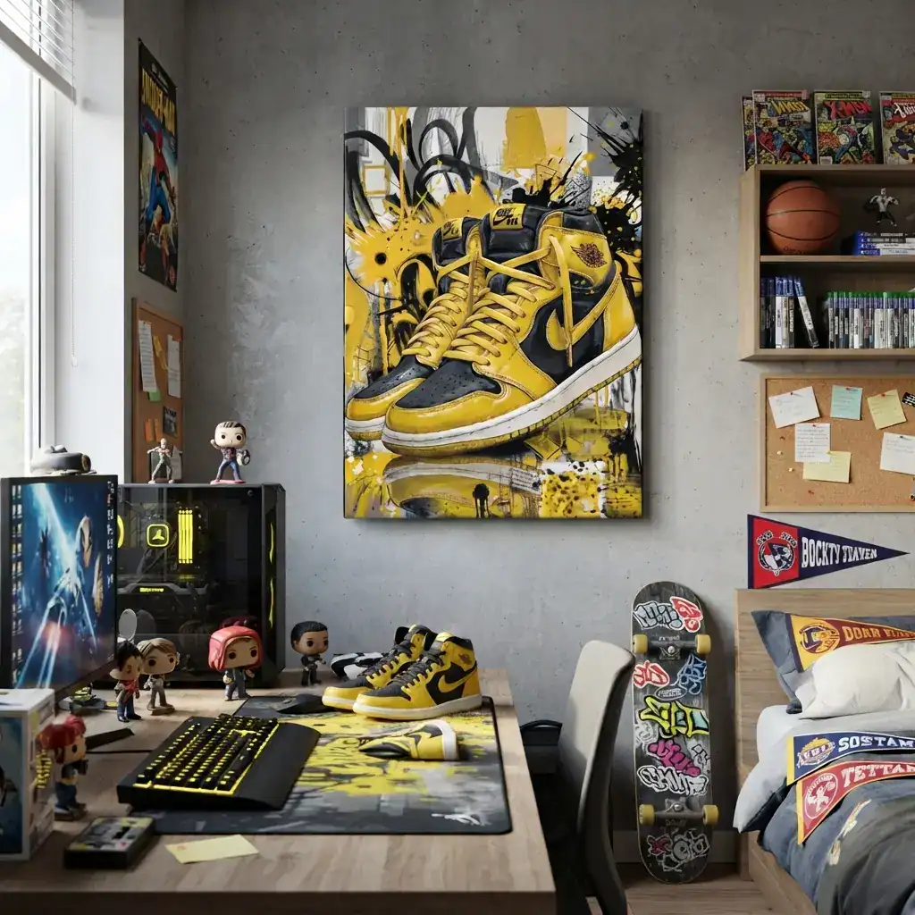cameretta ragazzo moderna con pc giocatore con quadro dipinto a mano jordan1 gialle e nere