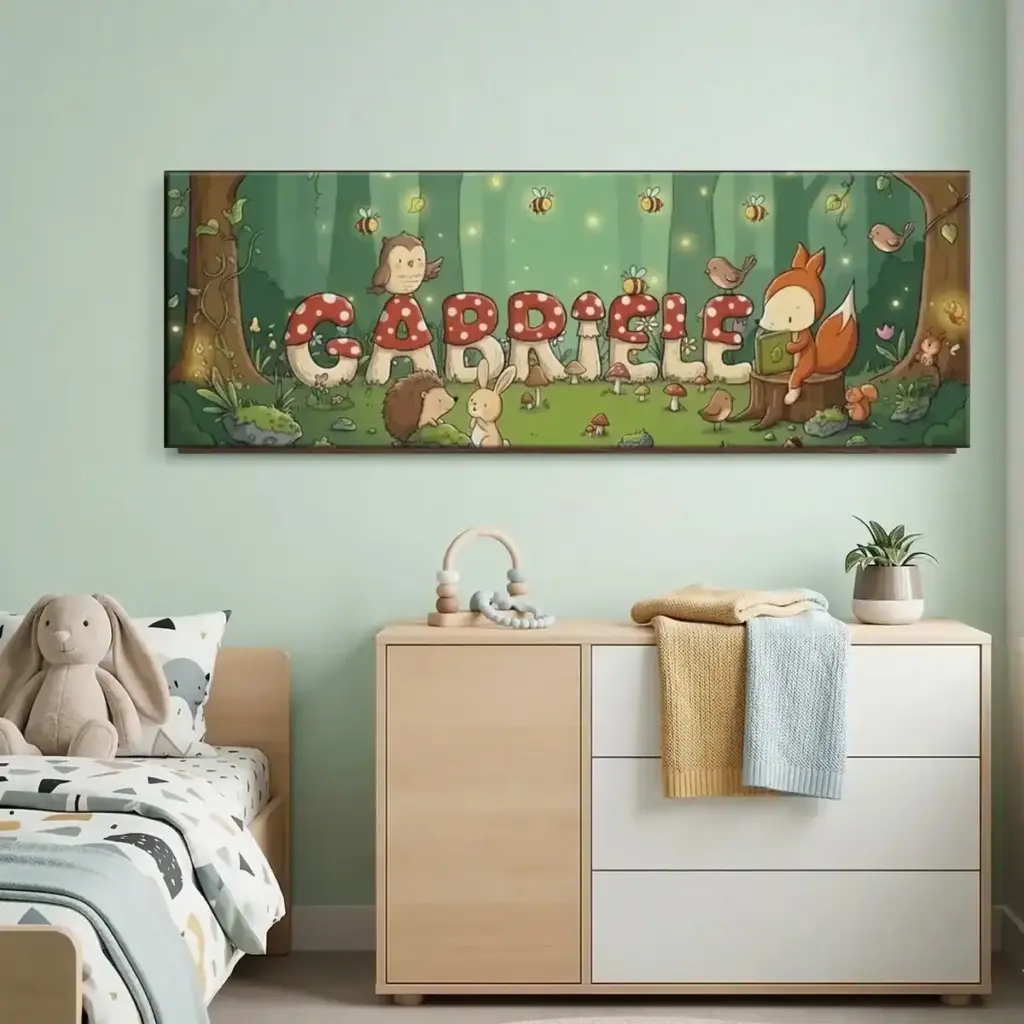 quadro per cameretta con nome personalizzabile letture nel bosco dipinto a mano