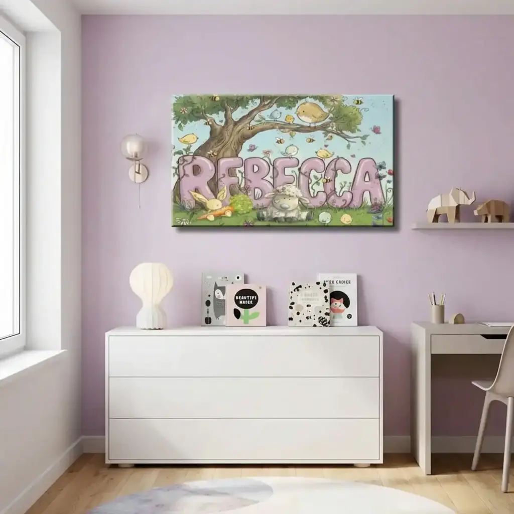 quadro dipinto a mano per cameretta parete lilla bambina al parco rebecca