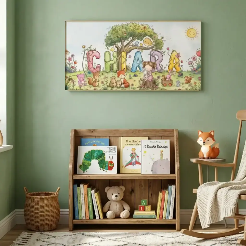 Cameretta verde salvia per bambina con quadro con nome personalizzabile dipinto a mano