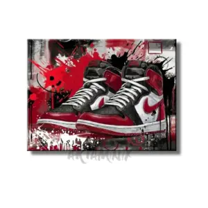 Quadro dipinto a mano raffigurante sneakers Jordan 1 rosso e nero stile street art