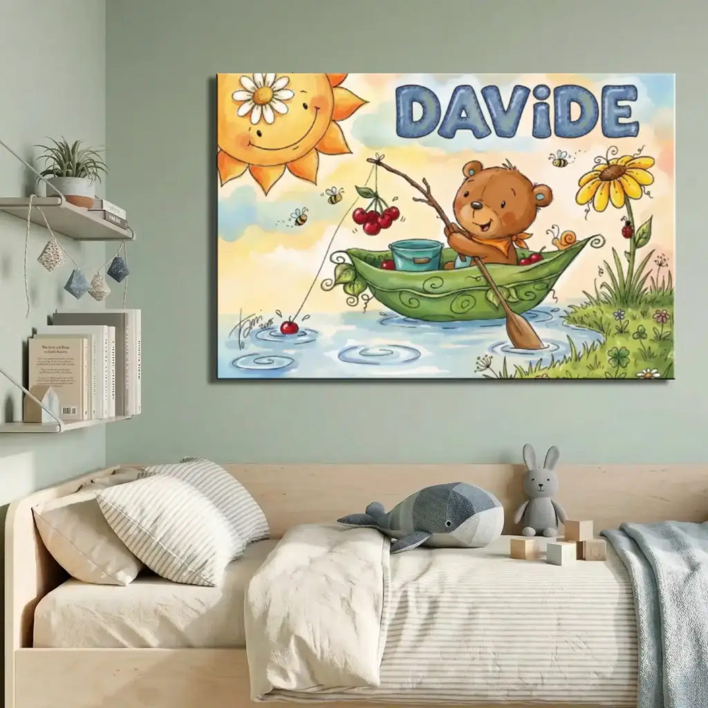 Decorazione murale personalizzata per bambini: quadro in legno con orsetto pescatore e nome personalizzabile. Ideale per arredamento cameretta neonati e spazi gioco, realizzato con smalti all'acqua.