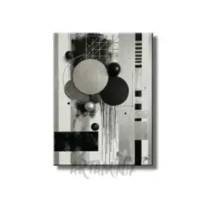Quadro astratto moderno materico con cerchi e linee in bianco, nero e argento, allestito in un ingresso minimalista sopra una console in legno.