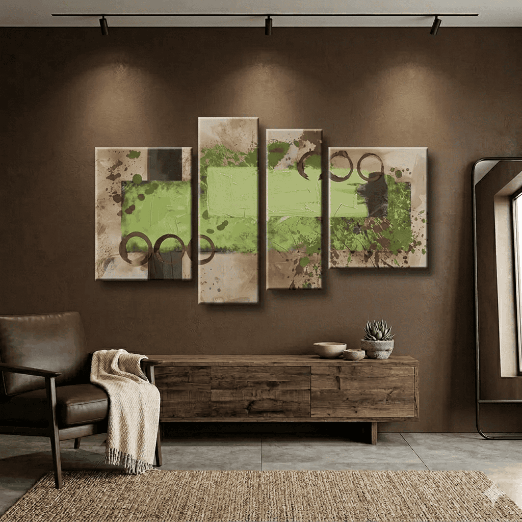 salotto con parete marrone con quadro dipinto a mano green energy astratto verde mela e beige
