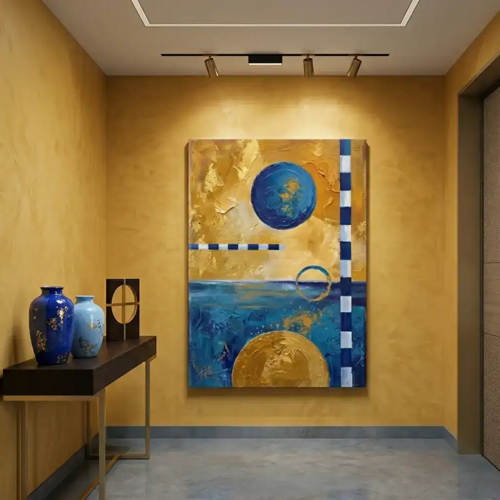ingresso corridoio moderno parete giallo ocra con quadro ocra e blu mix di contrasti