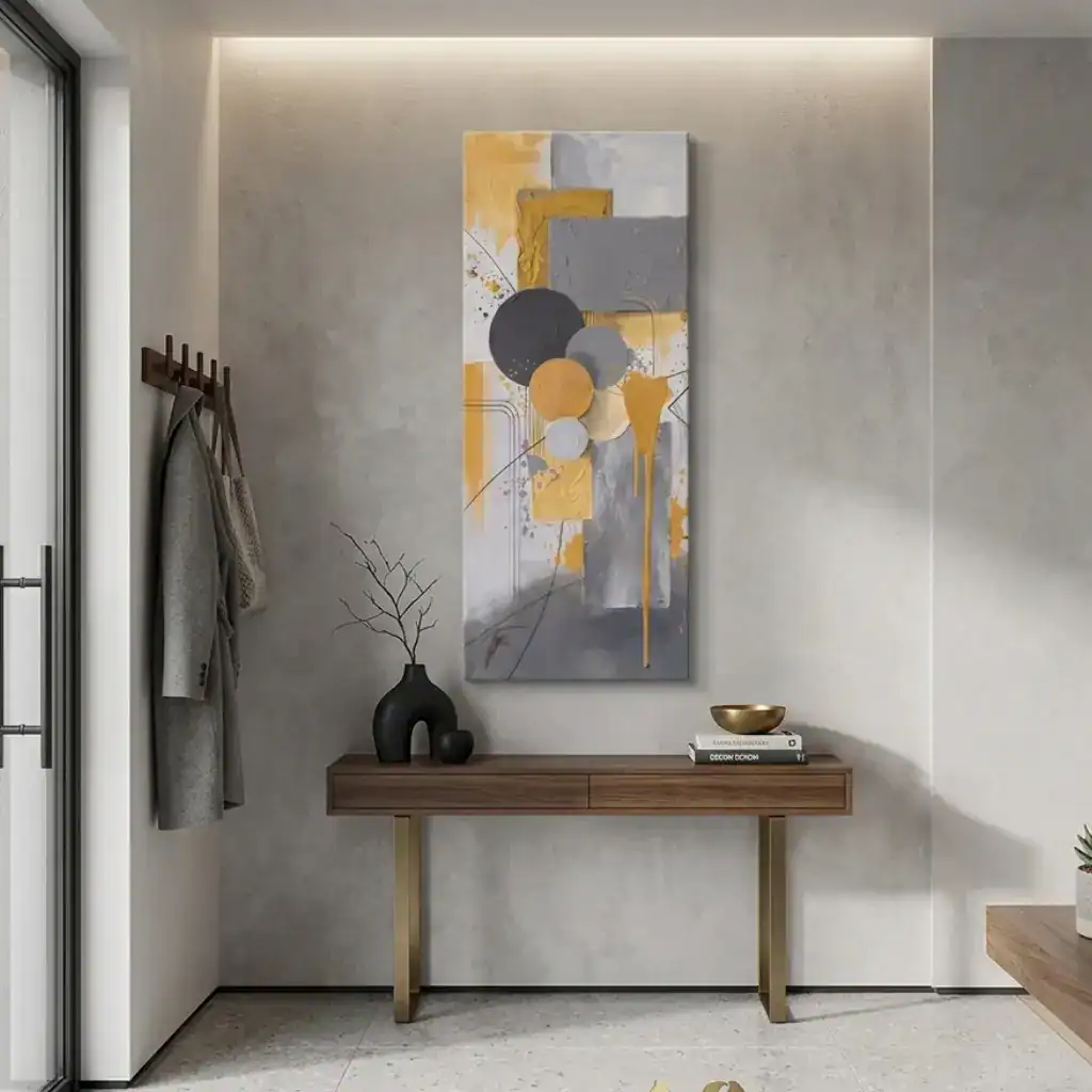 ingresso moderno con quadro astratto dipinto a mano forme e colature