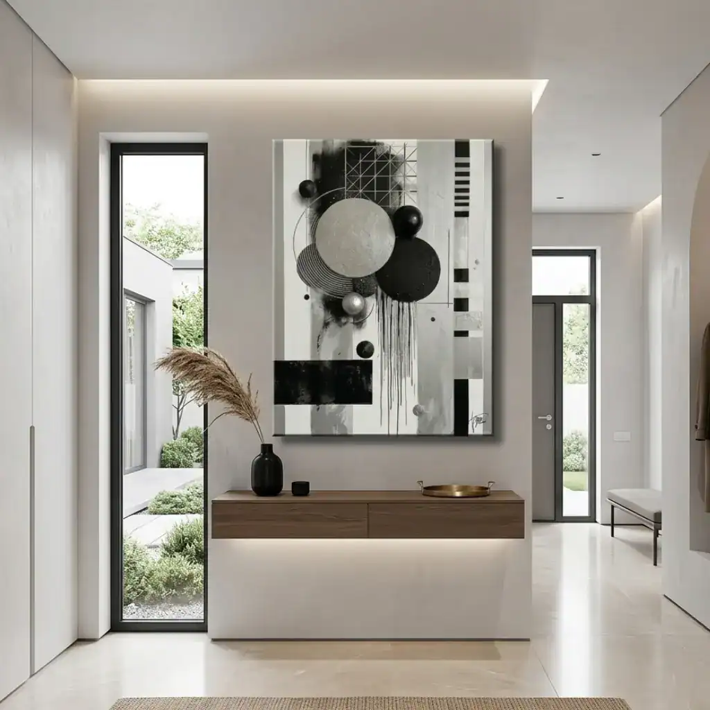 Ingresso moderno con quadro astratto geometrie d'argento