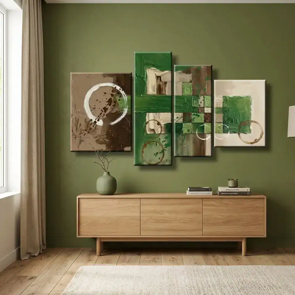salotto moderno con parete verde oliva con quadro astratto scacchiera verde
