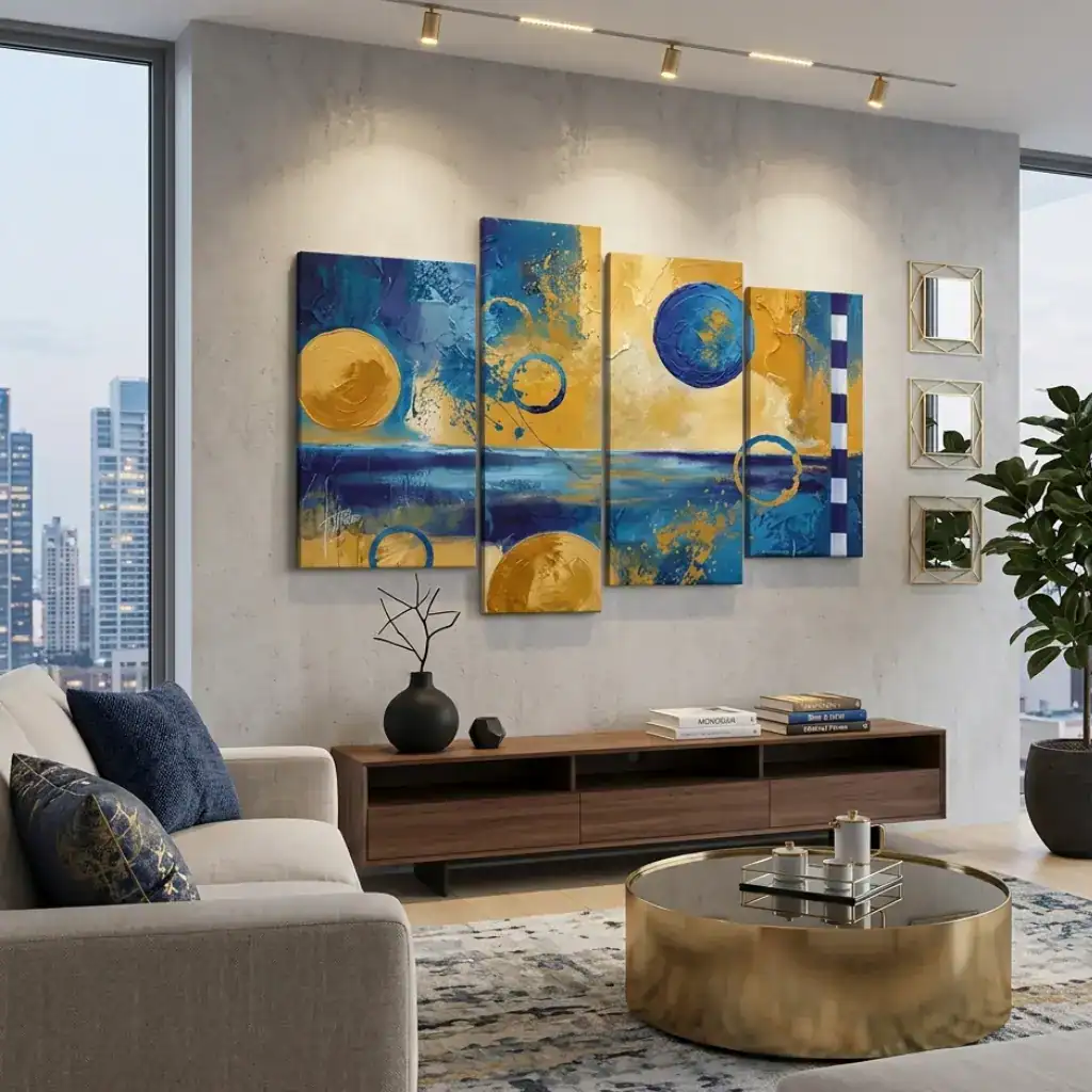 salotto moderno con astratto dipinto a mano blu e giallo orizzonti di luce