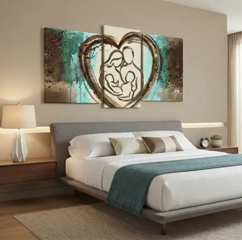 camera da letto moderna marrone e azzurro dipinto a mano cuore di fami