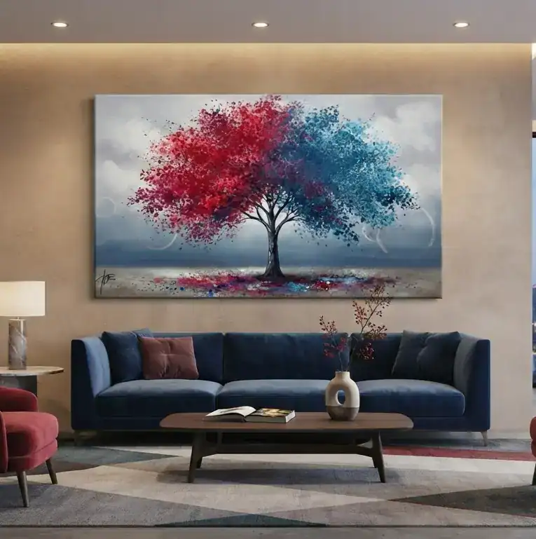 salotto moderno con divano blu e quadro dipinto a mano grande albero rosso e blu