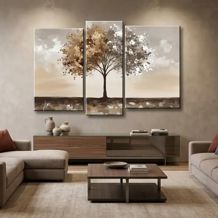 salotto moderno tortora e marrone con quadro dipinto a mano albero tortora e beige